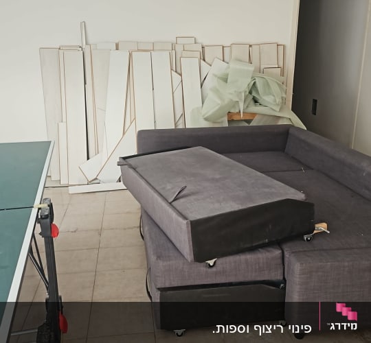 ספה אפורה ושולחן פינג פונג בחדר ריק